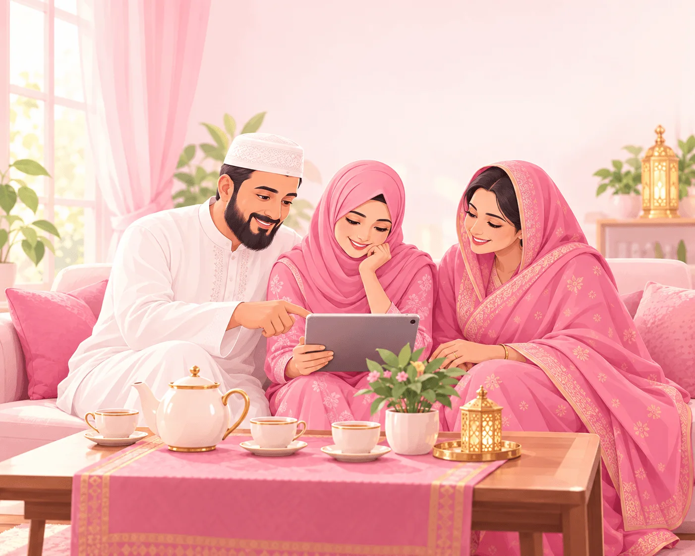 A father, mother and daughter sitting together over tea, looking at marriage proposals on a tablet