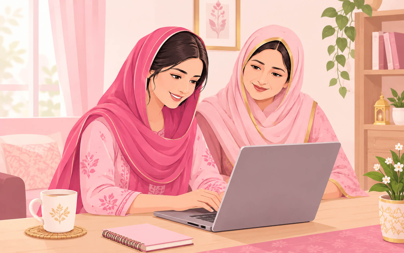 মা ও মেয়ে ল্যাপটপে প্রোফাইল তৈরি করছেন